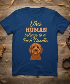 This Human Belongs to a Irish Doodle T-Shirt with a doodle dog graphic and playful text