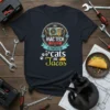 HVAC Tech T-Shirt design featuring the quote "This HVAC Tech is Powered By Cats and Tacos" with graphics of an