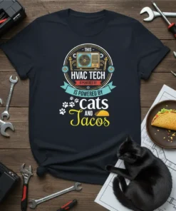 HVAC Tech T-Shirt design featuring the quote "This HVAC Tech is Powered By Cats and Tacos" with graphics of an