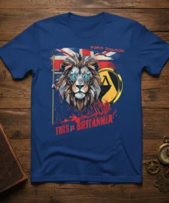 This Is Britannia t-shirt design featuring Boris Johnson, a geometric lion, and the Union Jack flag