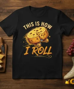This Is How I Roll cheese t-shirt design with a cheese wheel on roller skates and retro font