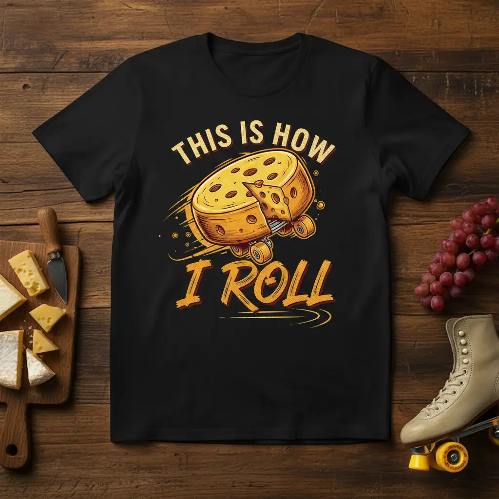 This Is How I Roll cheese t-shirt design featuring a cheese wheel on roller skates and bold text