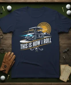 This Is How I Roll golf cart t-shirt design with text and golf clubs graphic