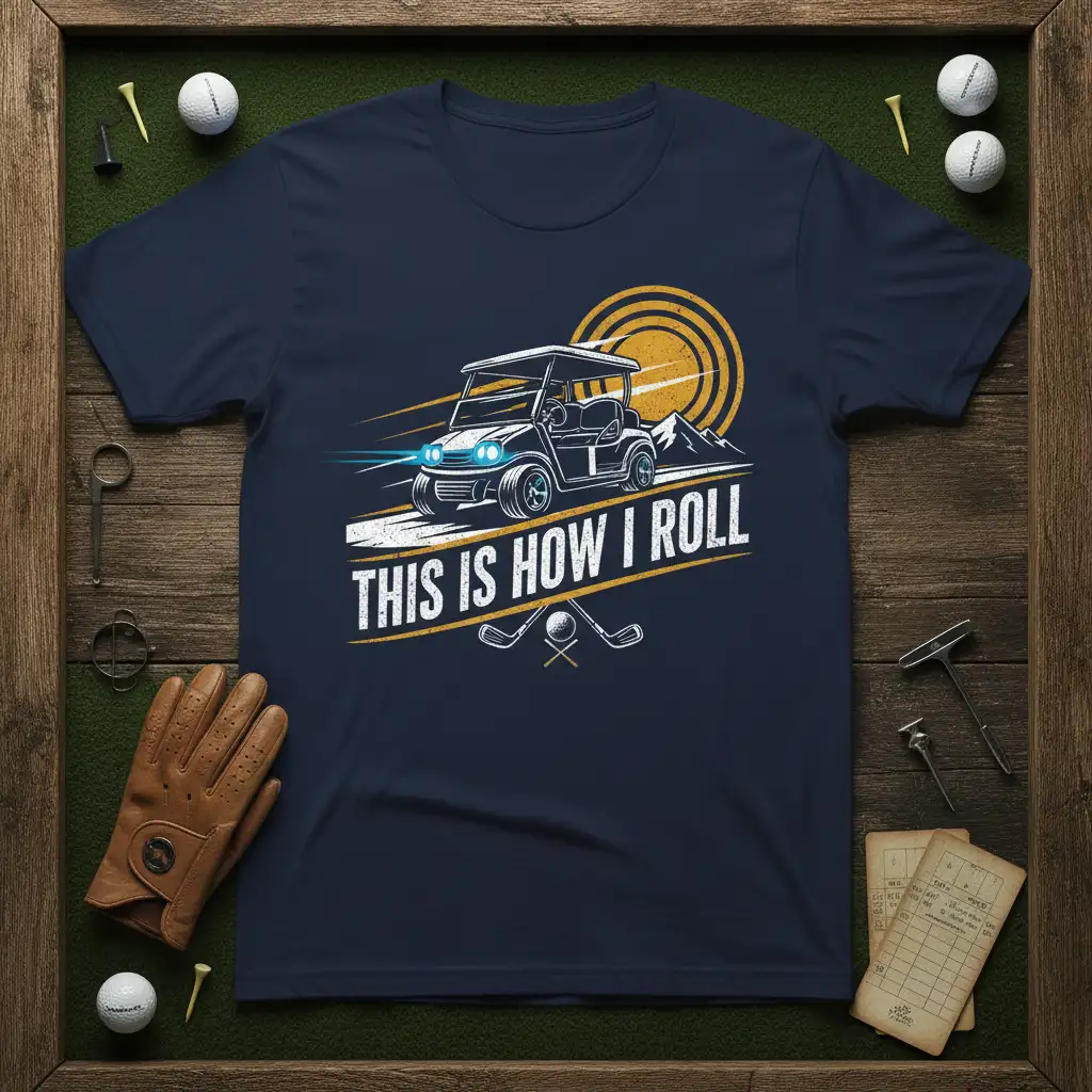 This Is How I Roll quote design featuring a golf cart and crossed clubs