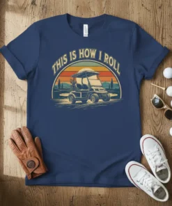This is How I Roll golf cart t-shirt with retro sunset graphic and landscape