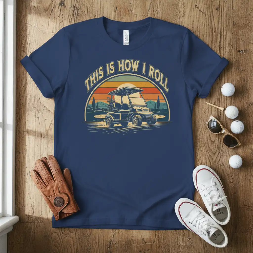 This is How I Roll golf cart graphic tee with retro sunset and landscape elements