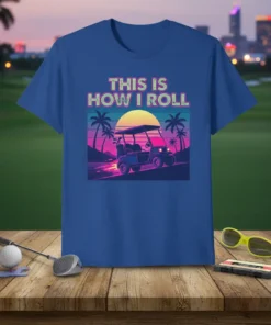 This Is How I Roll golf cart design with retro sunset and palm trees, on a blue t-shirt