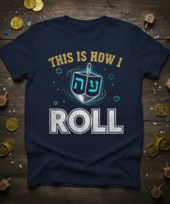 This is How I Roll Hanukkah dreidel t-shirt design with gold stars and blue accents