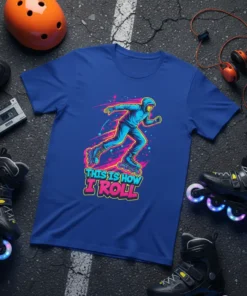 This Is How I Roll text with a dynamic illustration of a person inline skating, vibrant neon colors, on a