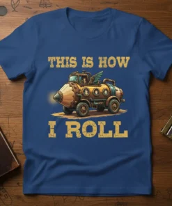 This Is How I Roll steampunk vehicle t-shirt with vintage lettering and a whimsical mechanical design