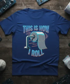 This Is How I Roll quote with a toilet paper graphic on a navy blue t-shirt, perfect for humor lovers