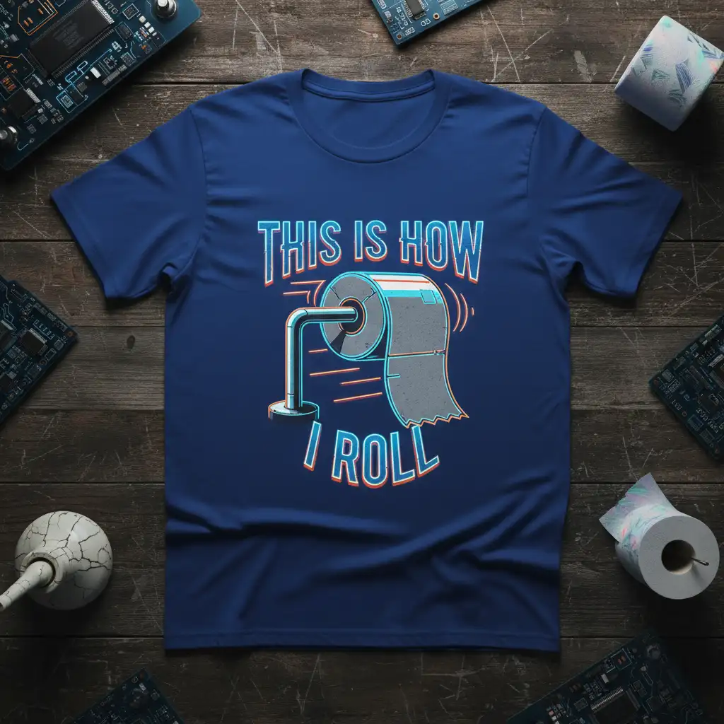 This Is How I Roll humorous toilet paper quote design with neon-style lettering on a blue t-shirt
