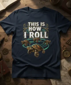 This Is How I Roll quote with a steampunk turtle and smaller turtles on a navy blue t-shirt