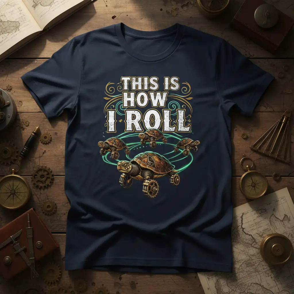 This Is How I Roll quote in vintage font with a detailed steampunk turtle and smaller turtles graphic