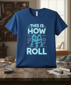 This Is How I Roll text with a graphic of a walker and gears on a blue t-shirt