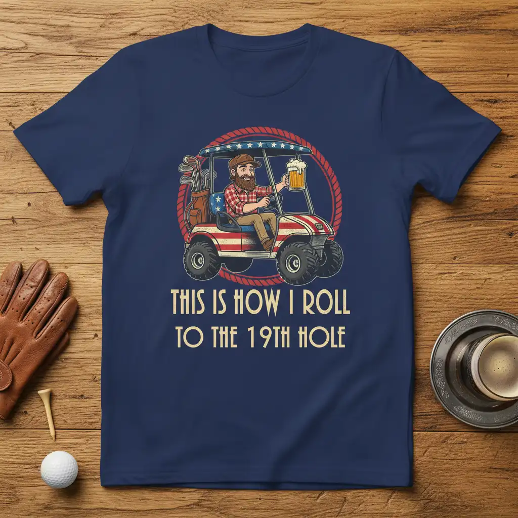 This Is How I Roll To The 19th Hole humorous golf quote on a t-shirt with a golfer and beer graphic