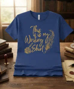 This is is my Writing Shirt design with golden inkwell, quill, and feather graphic on a blue t-shirt