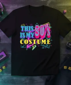 Black t-shirt with neon "THIS IS MY 80'S COSTUME" graphic in retro 80s style font and design