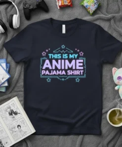 This Is My Anime Pajama Shirt quote in neon blue and purple lettering with stars, on a navy t-shirt