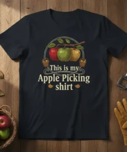 This is my Apple Picking shirt design featuring three apples on a branch and small baskets