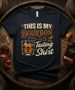 Black t-shirt with "THIS IS MY BOURBON Tasting Shirt" text and a glass of bourbon graphic