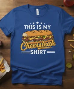 This Is My Cheesesteak Shirt design featuring a large cheesesteak sandwich graphic with bold white and yellow text