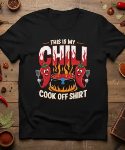 This Is My Chili Cook Off Shirt design with cartoon peppers, chili pot, and flames. Primary keyword included