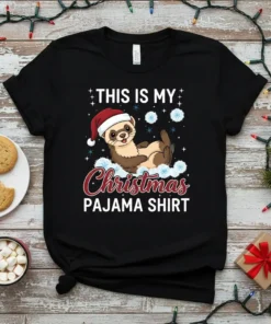 This Is My Christmas Pajama Shirt featuring a cute ferret wearing a Santa hat, with snowflakes and festive text
