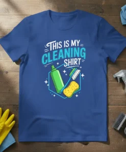 This is my CLEANING SHIRT graphic tee with cleaning supplies: green spray bottle, yellow sponge, and blue scrub brush