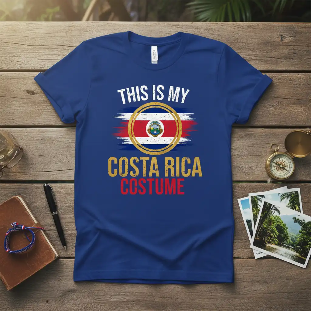 This Is My Costa Rica Costume text with Costa Rica flag graphic on a royal blue t-shirt