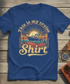 This is my cruise Shirt design with a vintage cruise ship, palm trees, and sunset graphic