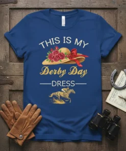 This Is My Derby Day Dress text with a straw hat adorned with roses and a red ribbon, and a