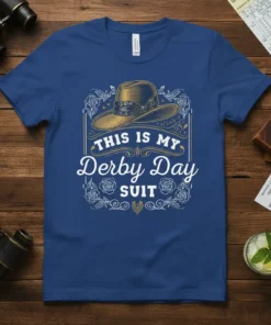 This Is My Derby Day Suit text with a vintage hat graphic on a blue t-shirt, featuring floral accents and