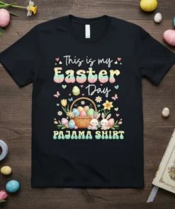 This is my Easter Day Pajama Shirt with bunnies, Easter eggs, and flowers in a basket