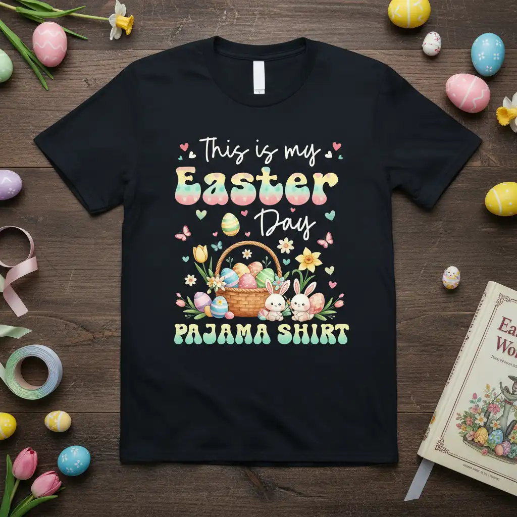 This is my Easter Day Pajama Shirt text with bunnies and Easter basket graphic