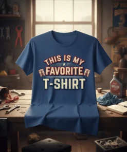 This Is My Favorite T-Shirt design with bold red and white text, featuring piston graphics on a blue t-shirt