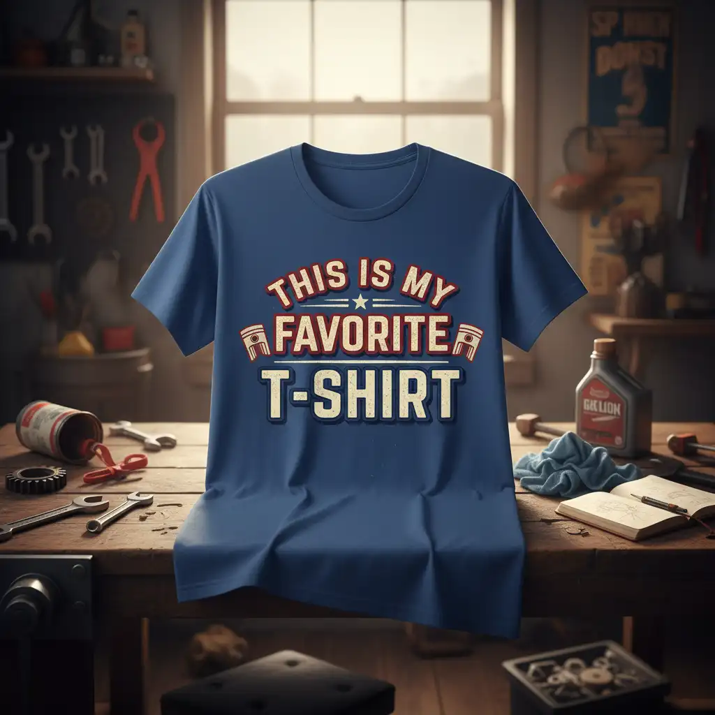 This Is My Favorite T-Shirt quote with piston graphics on a blue tee, perfect for casual wear