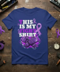 This Is My Fight Shirt text with purple ribbons and boxing gloves, cancer awareness design