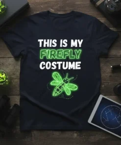 This Is My Firefly Costume text with a glowing green firefly graphic on a navy t-shirt