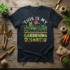 This Is My Gardening Shirt design with white text, watering can, and green plants on a navy t-shirt