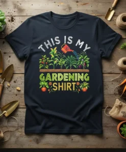 This Is My Gardening Shirt design with white text, watering can, and green plants on a navy t-shirt