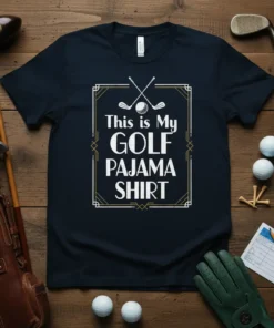 This is My GOLF PAJAMA SHIRT quote on a navy t-shirt with crossed golf clubs and ball graphic