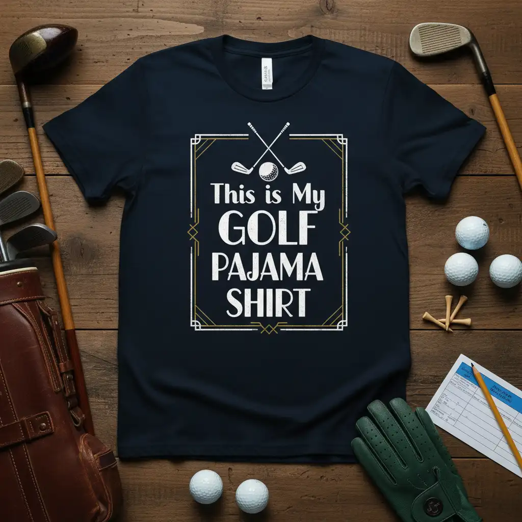 This is My GOLF PAJAMA SHIRT quote on a t-shirt with crossed golf clubs and ball