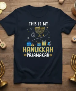 This is my Hanukkah Pajamakah text with menorah and dreidels graphic on navy t-shirt