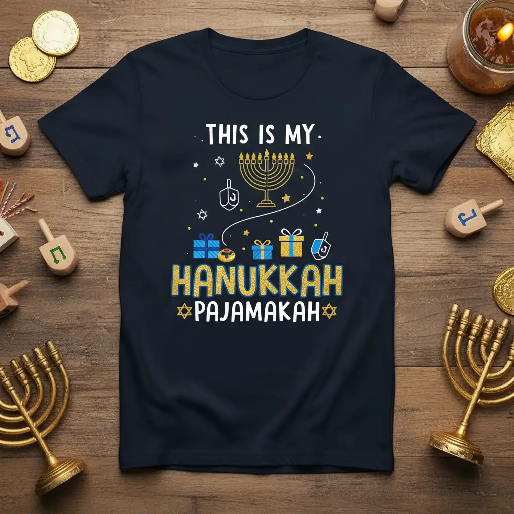 This is my Hanukkah Pajamakah text featuring a golden menorah and dreidels on a dark blue tee