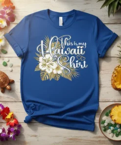This is my Hawaii Shirt design with tropical flowers and leaves in gold and white on a blue t-shirt