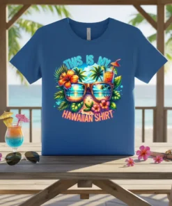 This Is My Hawaiian Shirt text with sunglasses reflecting a tropical beach scene, palm trees, and hibiscus flowers