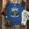 This is my hiking shirt text with a graphic of a hiker in mountains and trees