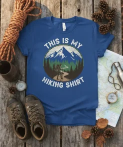 This is my hiking shirt text with a graphic of a hiker in mountains and trees