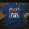 This is my Horror Movie Shirt design featuring distressed red text for "Horror" and metallic silver for "Movie Shirt" within